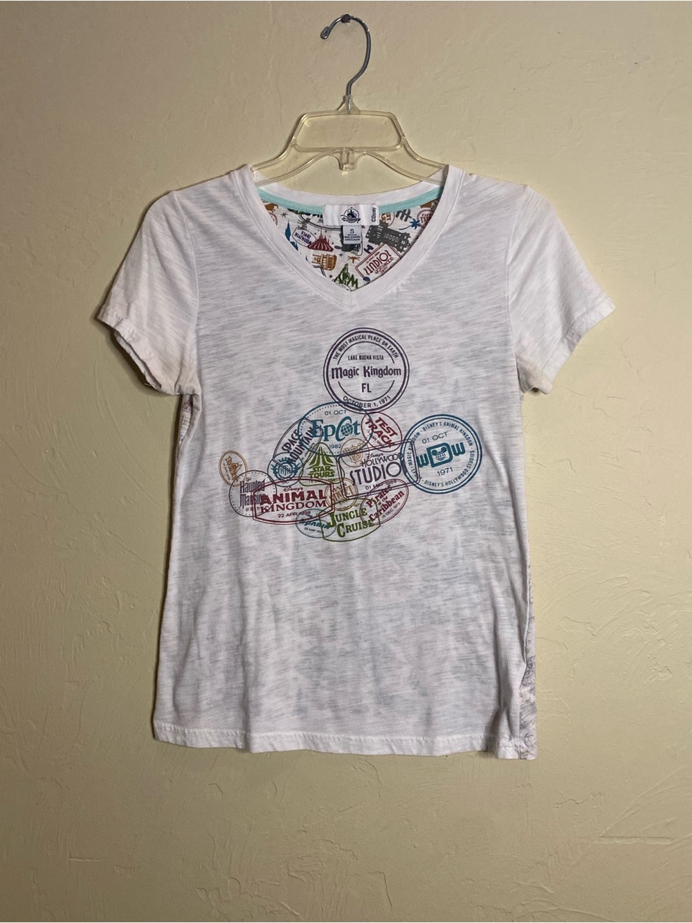 Disney Parks Passport Stamps Tee Womens S White V-Neck Magic Kingdom Epcot NWOT